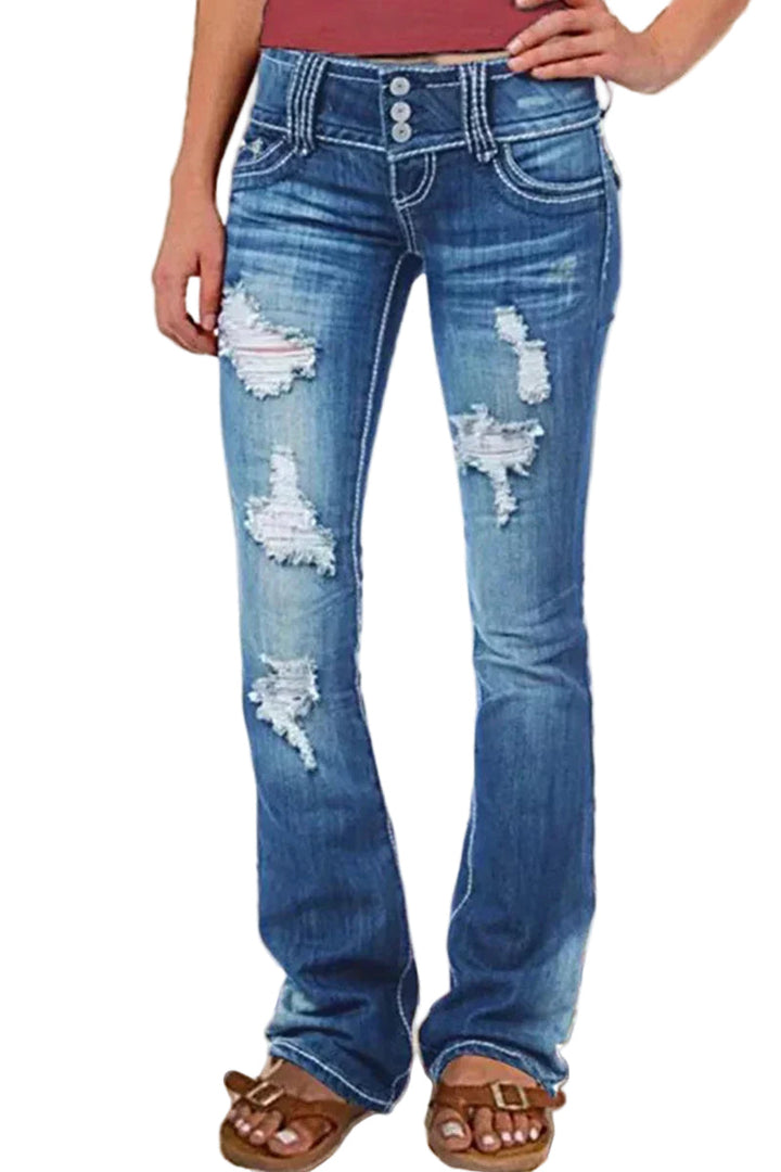 Kvinnors högmidjade bootcut jeans med trendiga slitna detaljer i ljusblå denim
