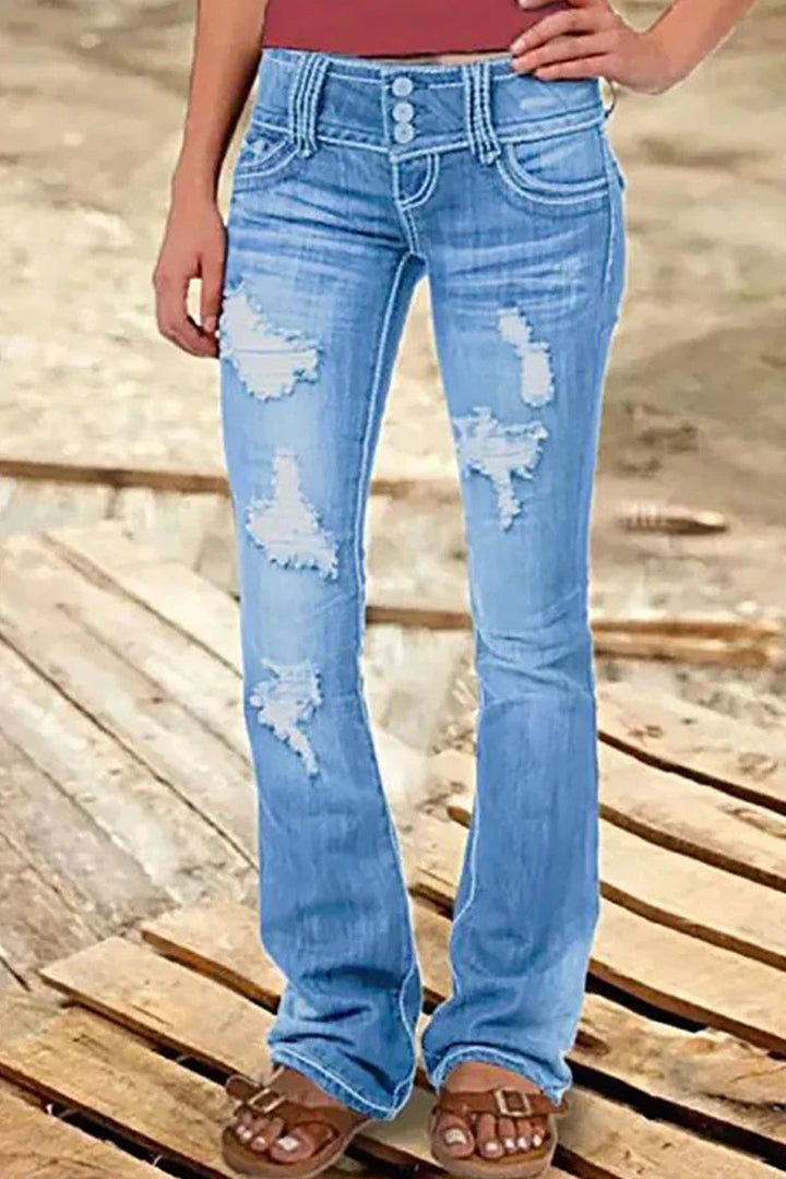 Kvinnors avslappnade bootcut jeans i blå denim med hög midja, perfekt för vardagsbruk