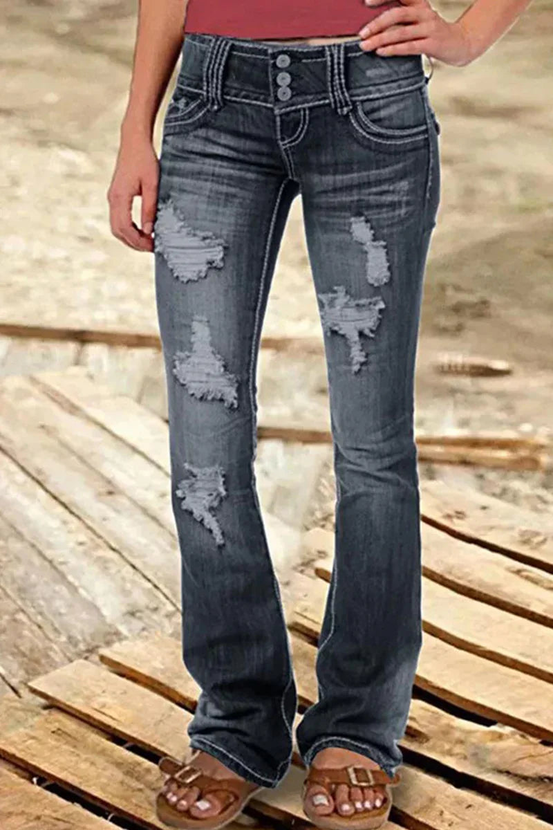 Vardagsjeans för kvinnor: blå bootcut med hög midja och fashionabla slitningar för en avslappnad look