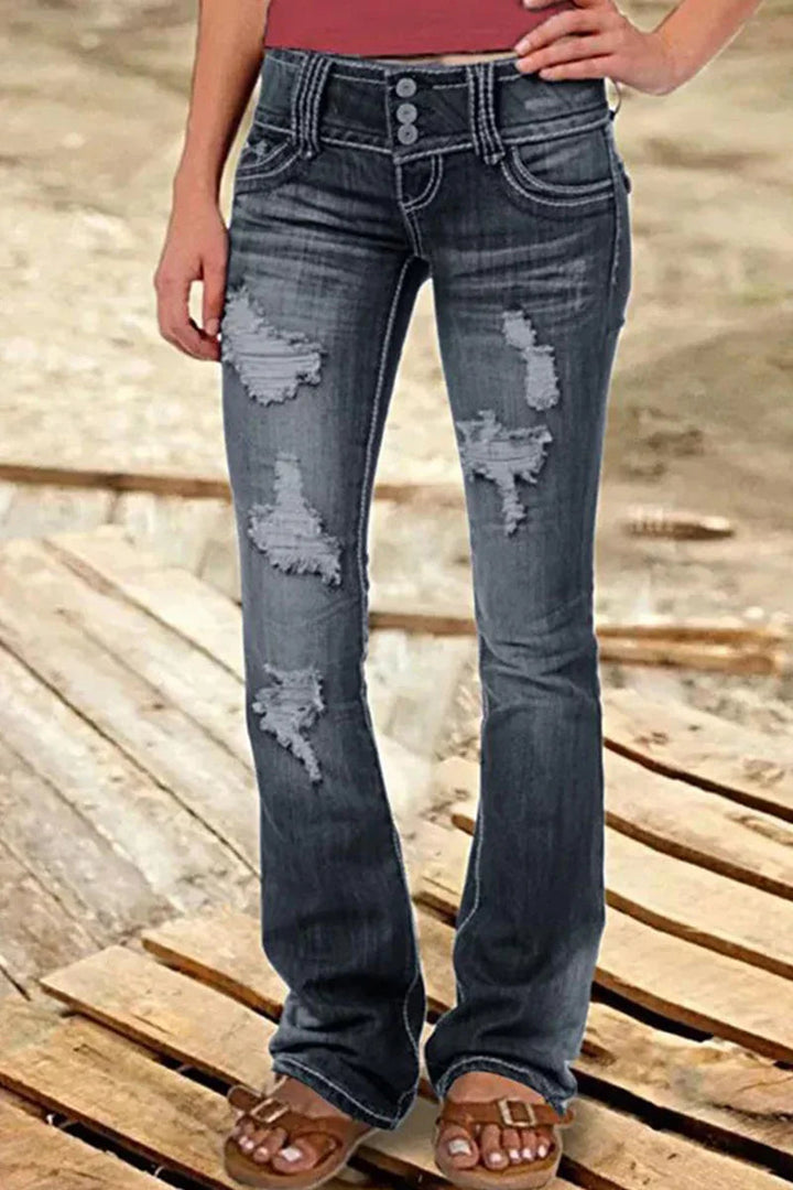 Vardagsjeans för kvinnor: blå bootcut med hög midja och fashionabla slitningar för en avslappnad look