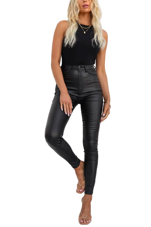 Kvinnors högmidjade slim fit byxor i svart polyester och bomull