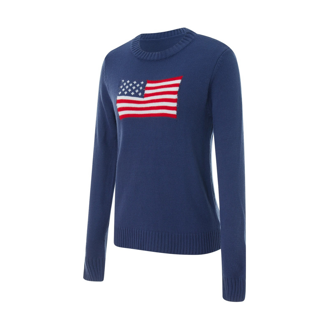 Modeinriktad hösttröja för kvinnor med cool amerikansk flaggdetalj. Streetwear-inspirerad damtröja.