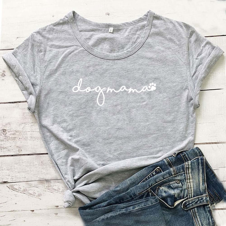 Bekväm sommar T-shirt för kvinnor, grå med grafiskt hundmotiv. Visa din kärlek till hundar.