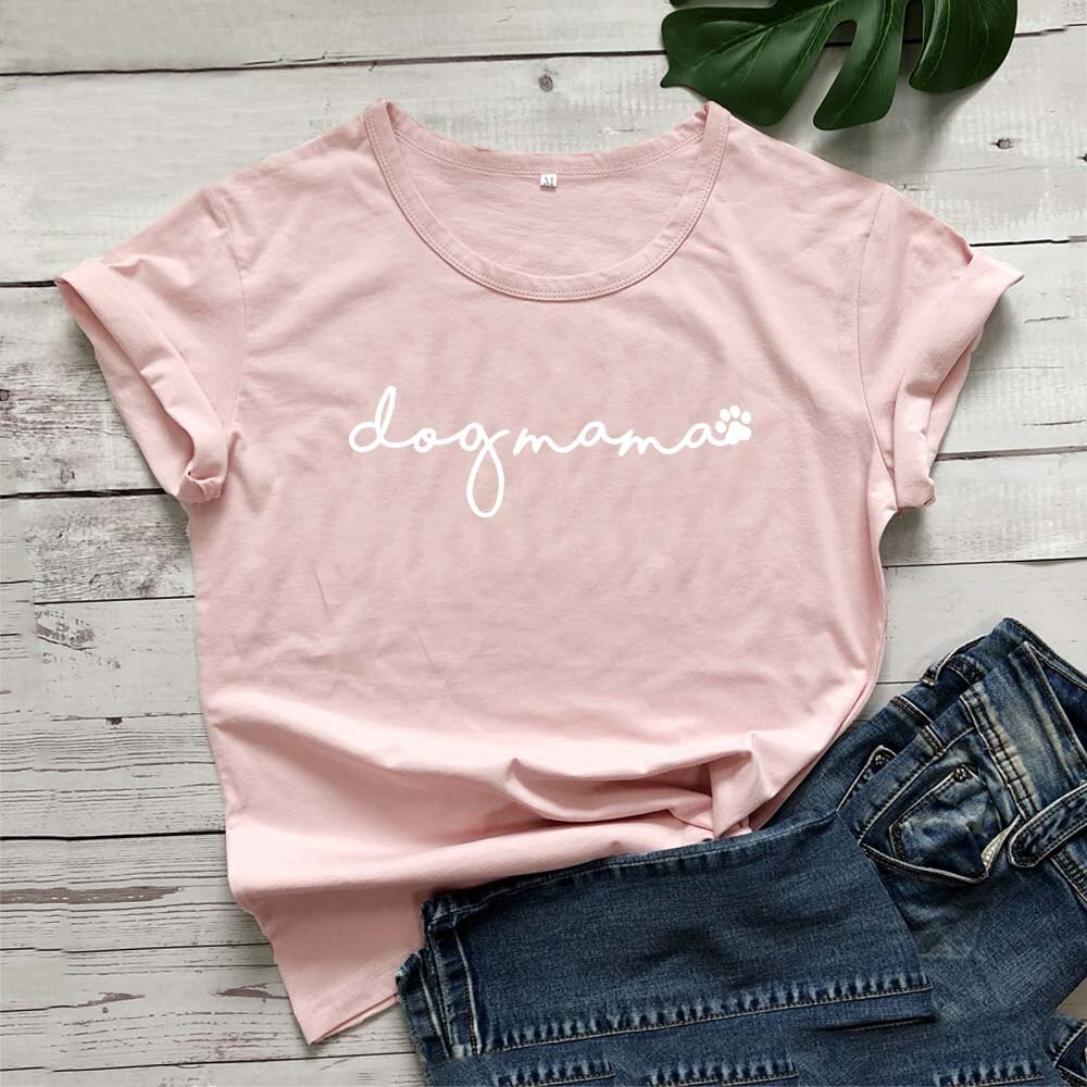 Trendig T-shirt för kvinnor med texten "Bästa Hundmamman" och sött hundansikte.