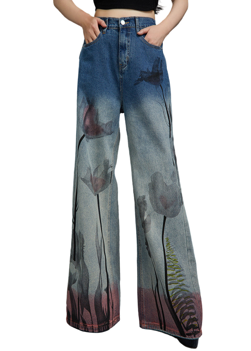 Kvinnors jeans med hög midja och blåtryck, perfekt för vardagen och höstens mode.