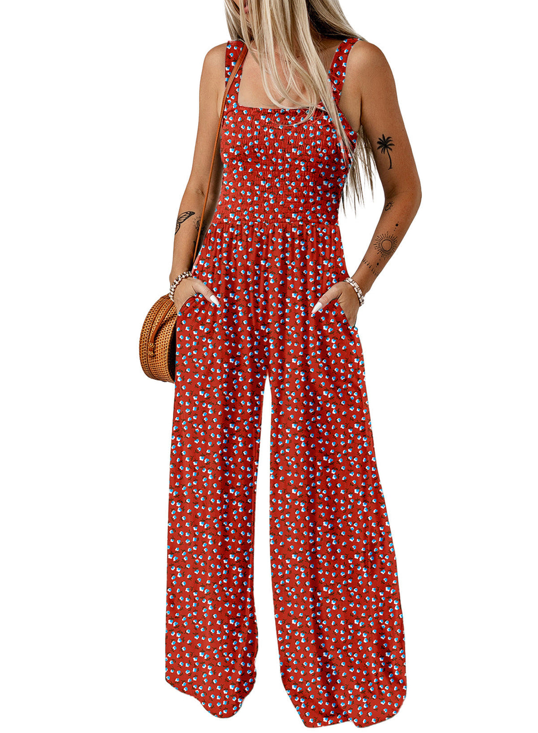 Blommig byxdress för kvinnor med vida ben, elegant och bekväm för både fest och avslappnade dagar.