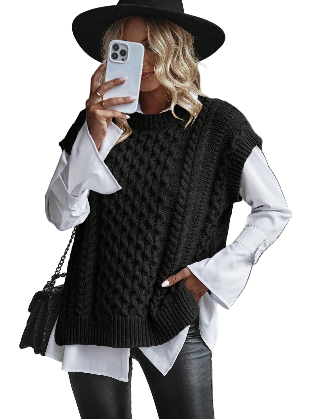 Kvinnors kabelstickad sweater vest, perfekt för lager på lager under höst & vinter.