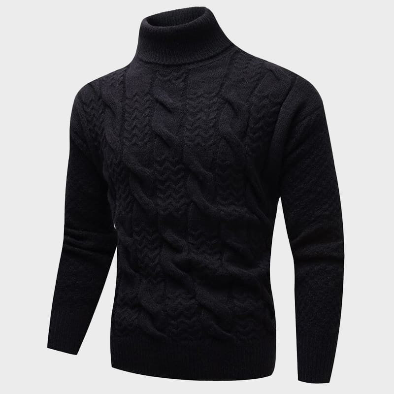 Detaljbild av mysig, kabelstickad turtleneck tröja. Tjockt, varmt stickat plagg perfekt för kallare dagar.
