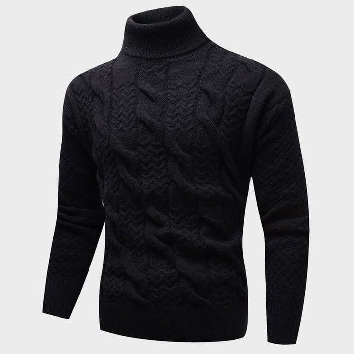 Detaljbild av mysig, kabelstickad turtleneck tröja. Tjockt, varmt stickat plagg perfekt för kallare dagar.