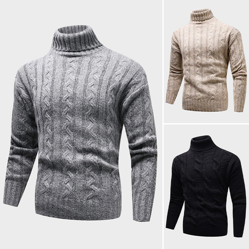 Kvinnlig modell bär en stilren kabelstickad turtleneck tröja. Elegant & varmt damkläder för alla tillfällen.