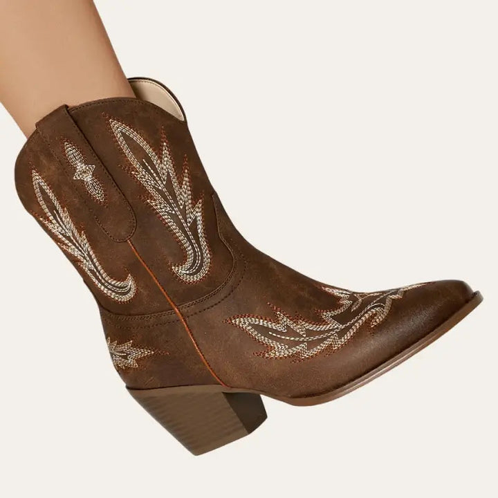 Trendiga damstövlar i kort cowboymodell, svart läderimitation med westernstil. Ideala fest- eller vardagsboots.