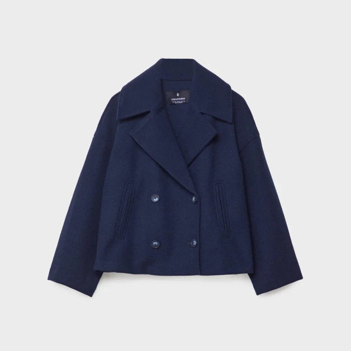 Kvinnlig kort kavaj, dubbelknäppt, perfekt för att lyfta din kontors- eller kvällsoutfit.