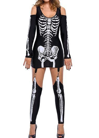 Kvinnors långärmad skelettdräkt för Halloweenfest. Perfekt gotisk maskeradkostym.