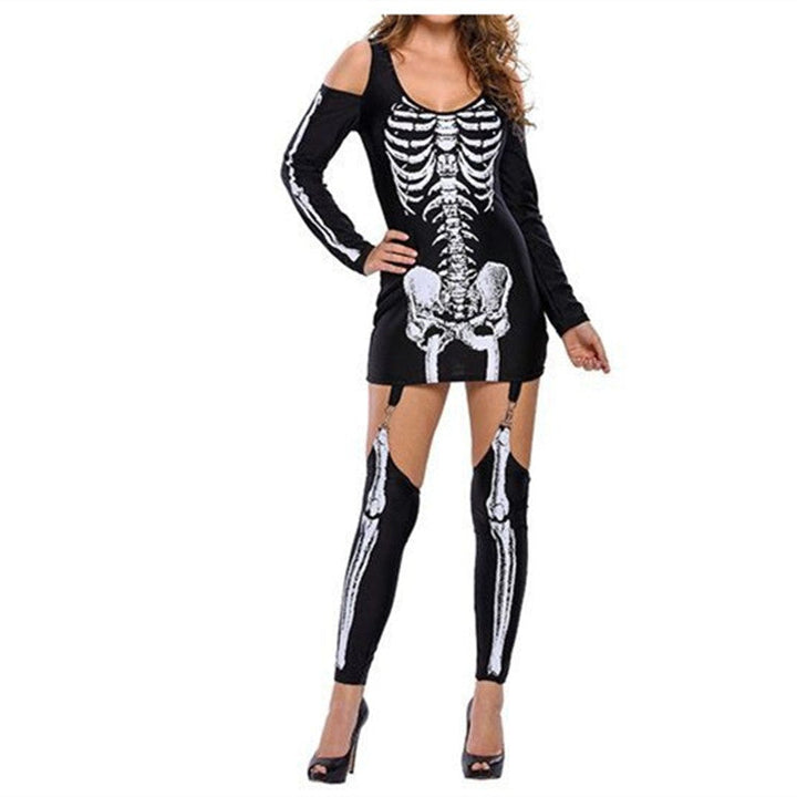 Långärmad skelettdräkt för kvinnor, perfekt för Halloween, maskerad eller temafest.