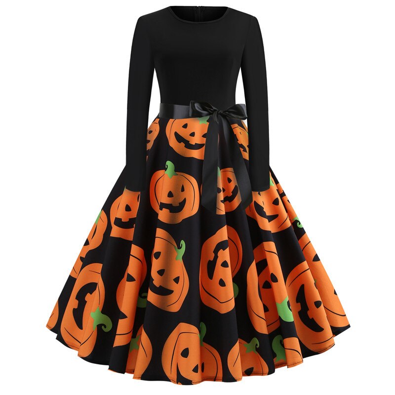 Festlig kvinnors långärmad Halloween kostym med fantasifull karikatur av Halloween-figurer.