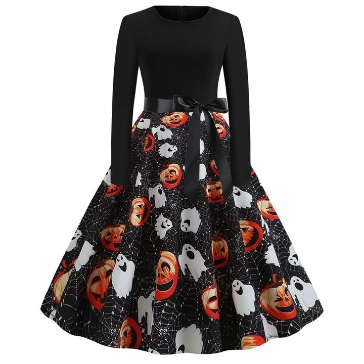 Långärmad kvinnors kostym med spökkarikatyr, perfekt för Halloween-fest eller cosplay.