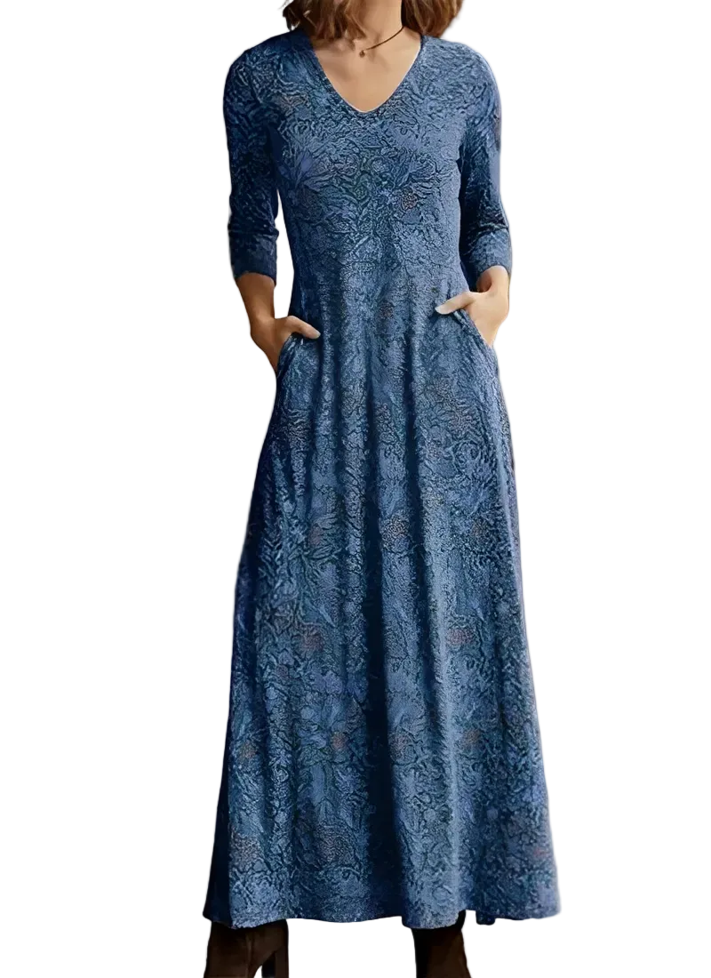 Kvinnors långklänning med tidlöst retromönster. Elegant sommar- och festklänning, perfekt för vintageinspirerad stil.