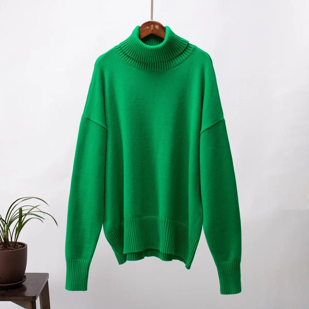 Svart hög hals tröja, lösstickad design. Mångsidig vardagsstil för kvinnor.