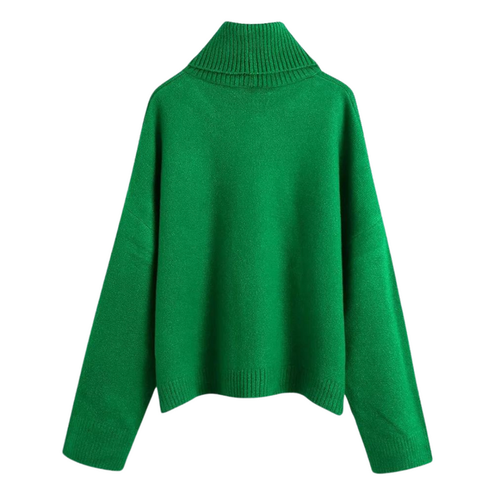Bekväm lösstickad damtröja med hög hals. Perfekt pullover för höst och vinter.