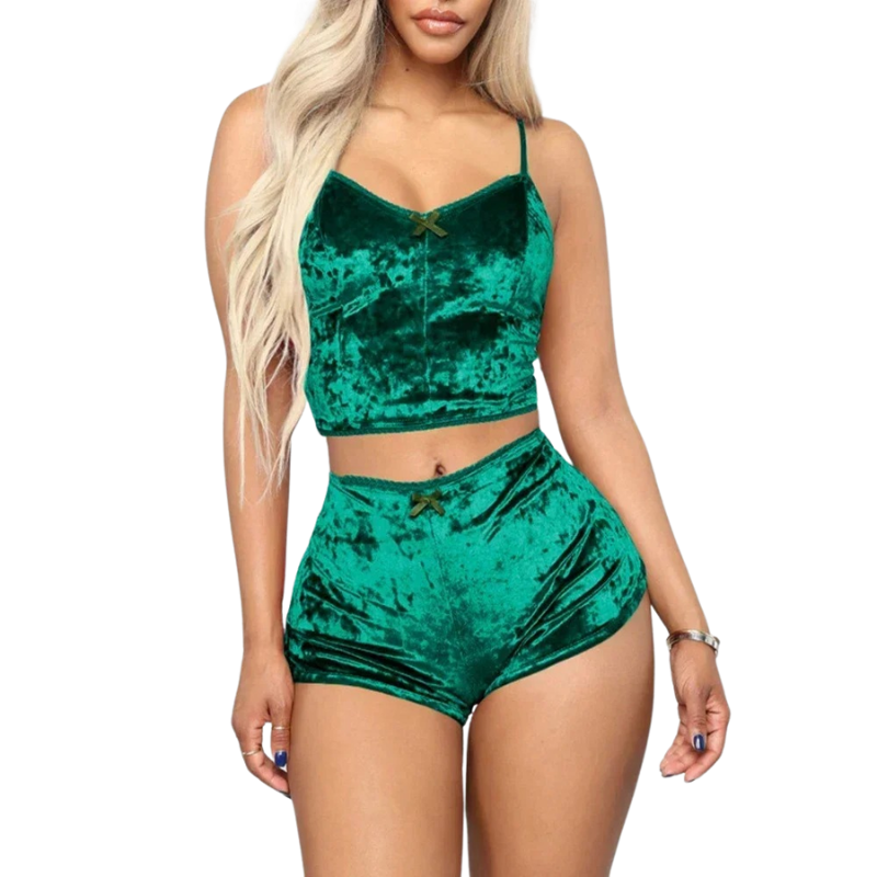 Kvinnors lyxiga V-ringade nattlinne och shortsset. Ärmlösa nattkläder för sommarkomfort.