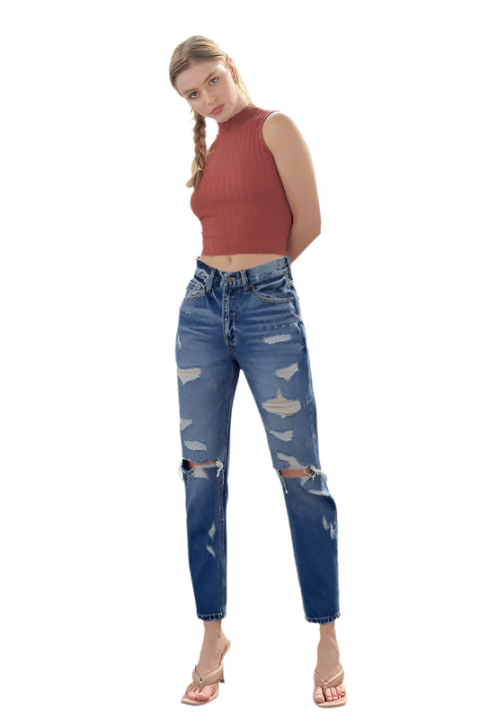 Kvinnors mörka mammajeans med hög midja och avslappnad passform, perfekta vardagsjeans i denim.