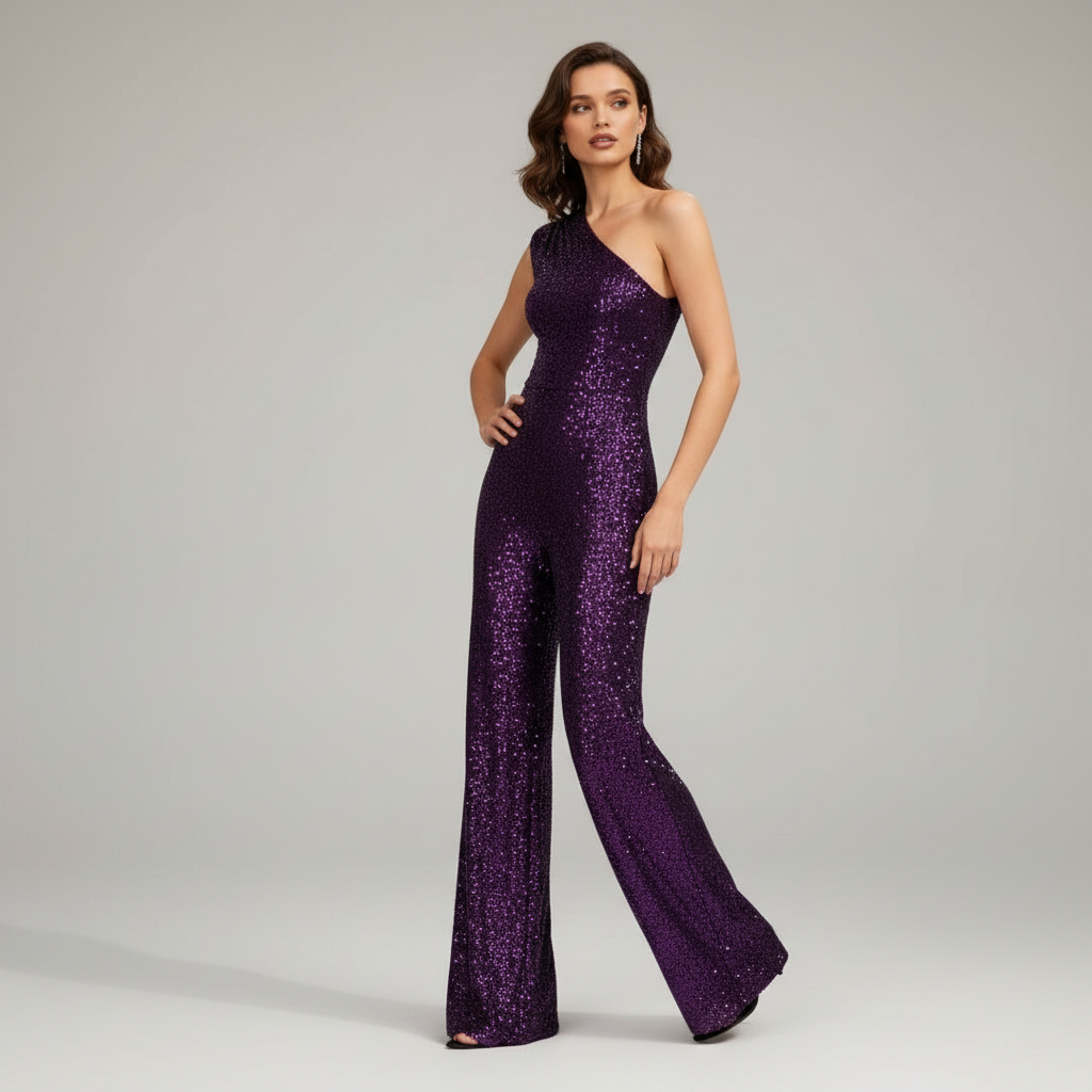 Kvinnors glittrande paljetterad jumpsuit, elegant byxdress, figurnära kvällsoutfit, festkläder.