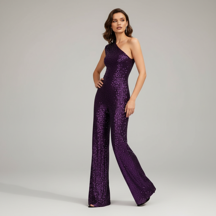 Kvinnors glittrande paljetterad jumpsuit, elegant byxdress, figurnära kvällsoutfit, festkläder.