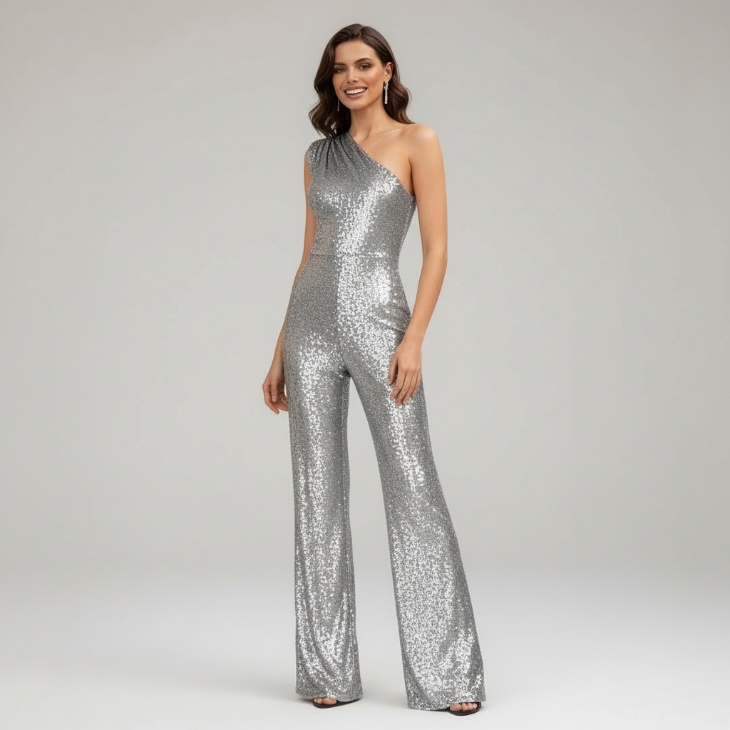 Elegant glittrig paljettjumpsuit för dam. Perfekt figurnära byxdress för fest och event.