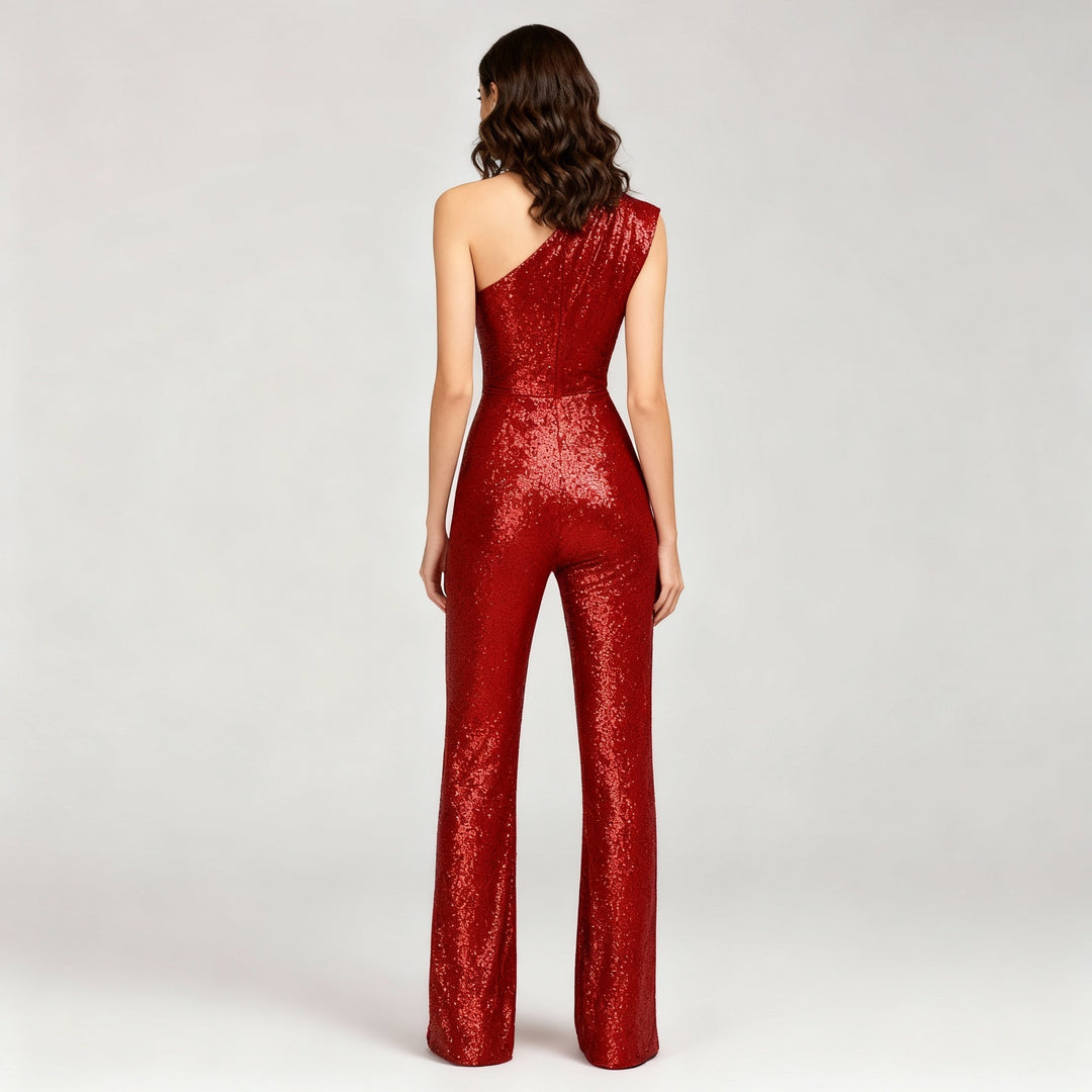 Festlig paljetterad damjumpsuit, glittrande figurnära byxdress för en strålande kväll.