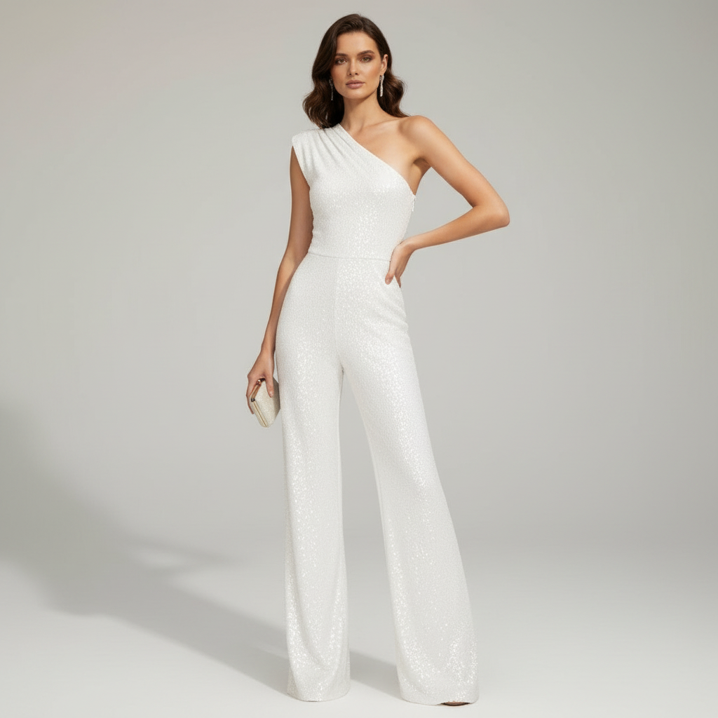 Ryggvy av glittrig paljettjumpsuit för dam. Elegant och figurnära design för festkvällen.