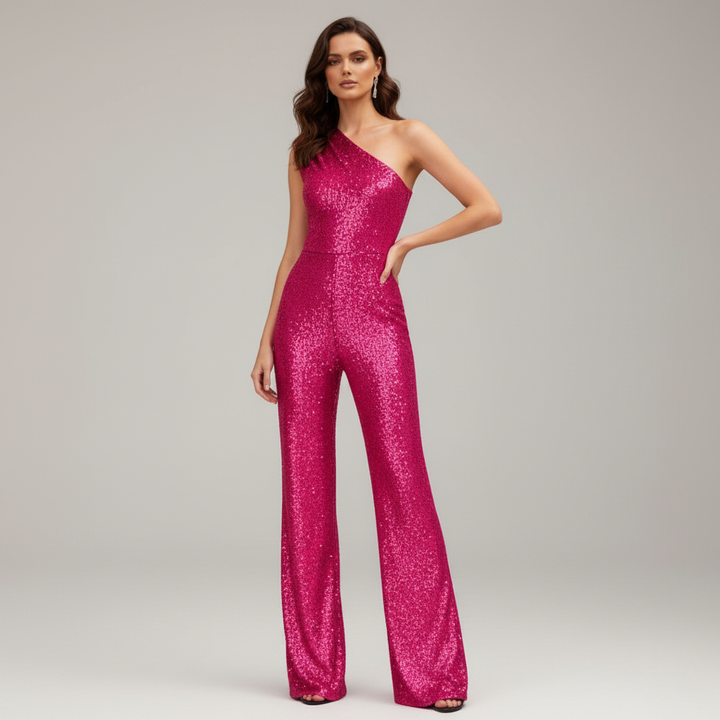 Sidovy på en glittrande paljettbyxdress. Elegant figurnära damkläder för kvällen.