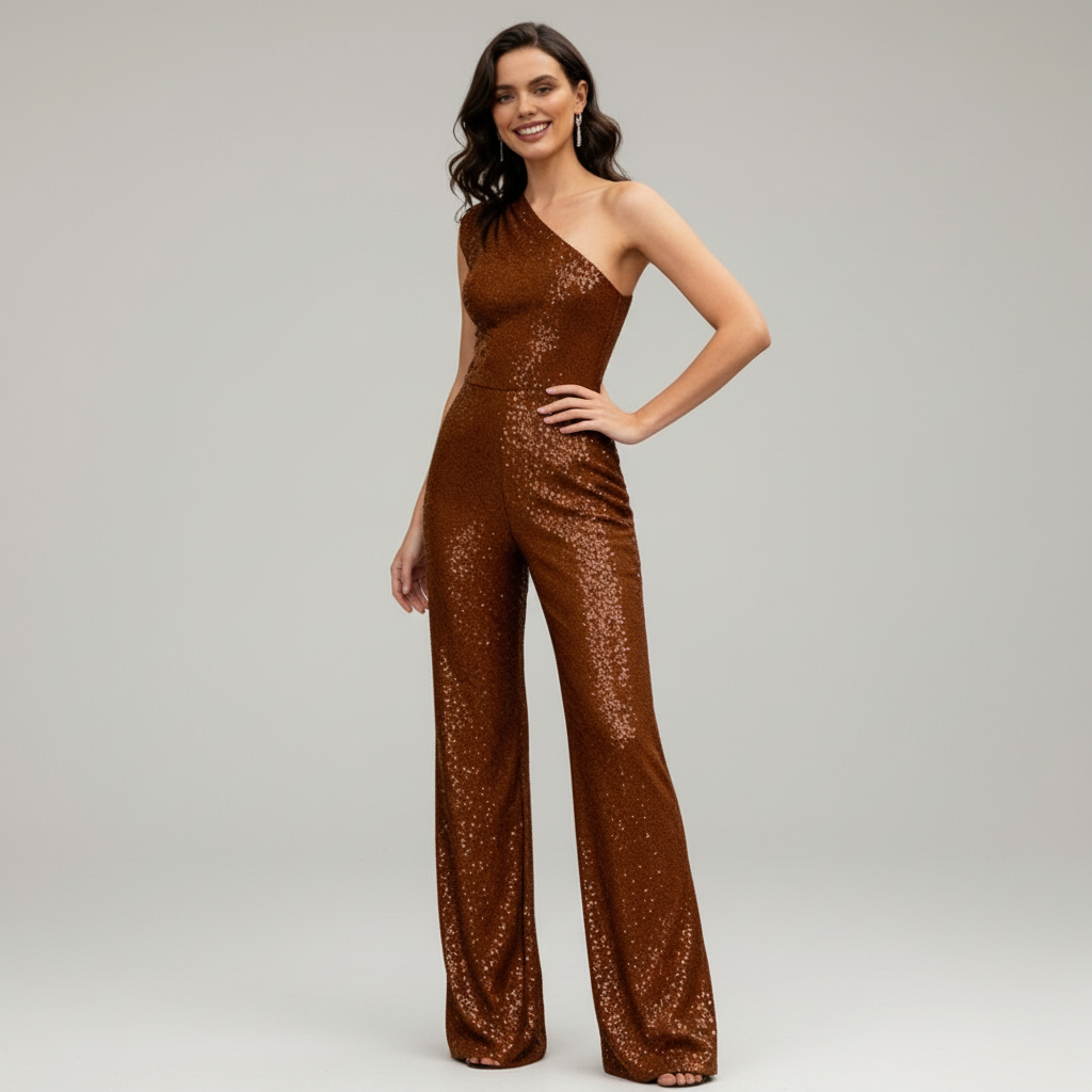 Trendig paljettbyxdress för damer. Glittrande och figurnära festkläder med modern glamour.