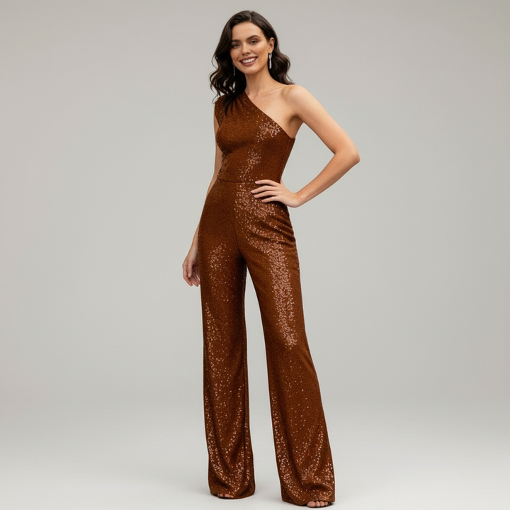 Trendig paljettbyxdress för damer. Glittrande och figurnära festkläder med modern glamour.