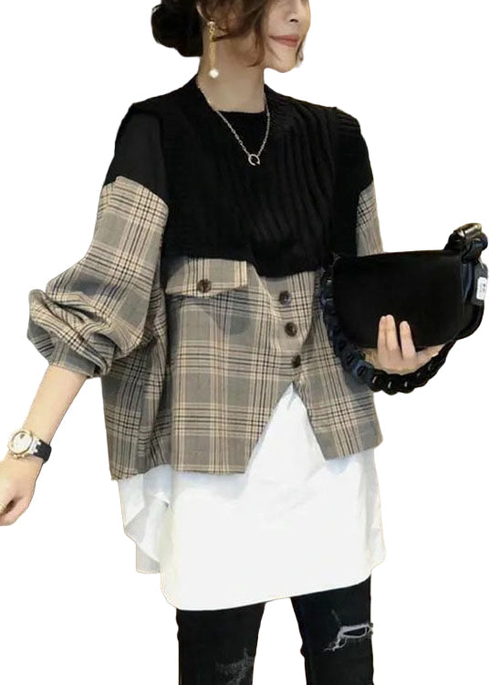 Kvinnors patchwork långärmad skjorta i bomullsblandning, perfekt för höstens casual stil.