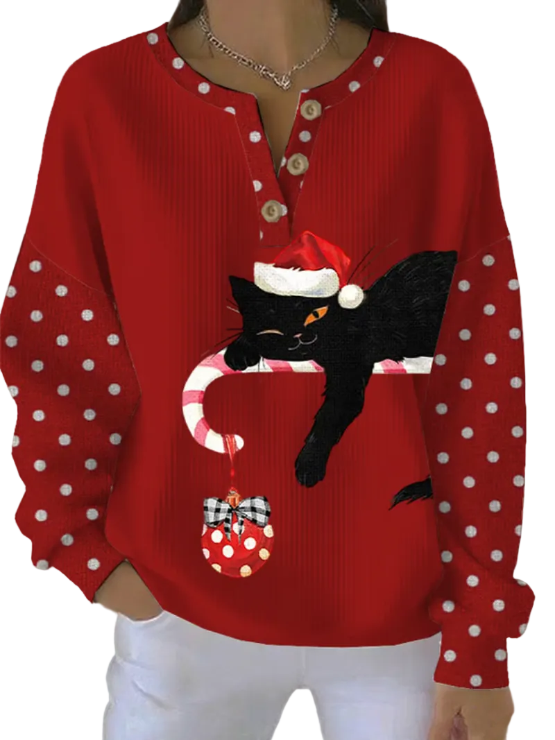 Kvinnors röda jultröja med sött kattmotiv, mysig för vinter och jul. Perfekt festlig tröja.