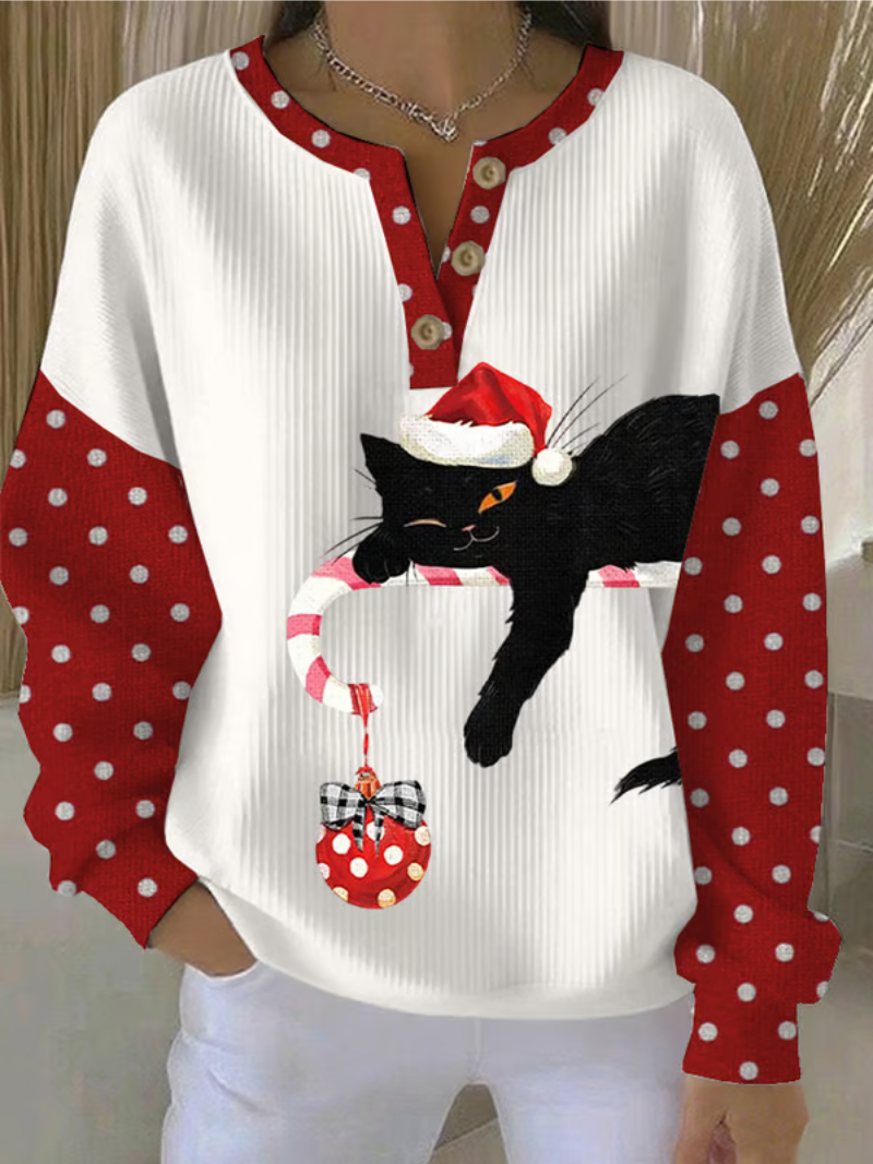 Mysig kvinnors jultröja med bedårande kattmotiv, stilren för vintermode & jul. En trendig tröja.