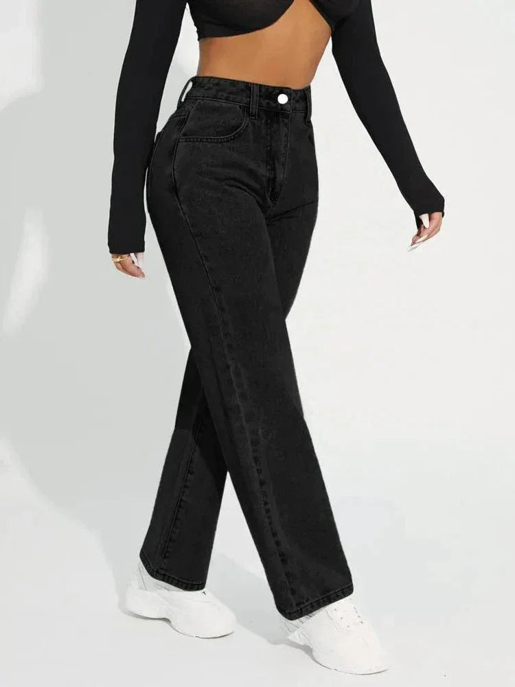 Svart raka jeans för kvinnor med hög midja, klassiska vardagsjeans med bekväm stretchfunktion.