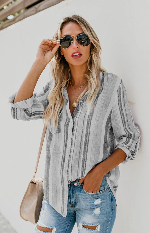 Färgglad randig button-up sommarblus för kvinnor, andningsbar viskos