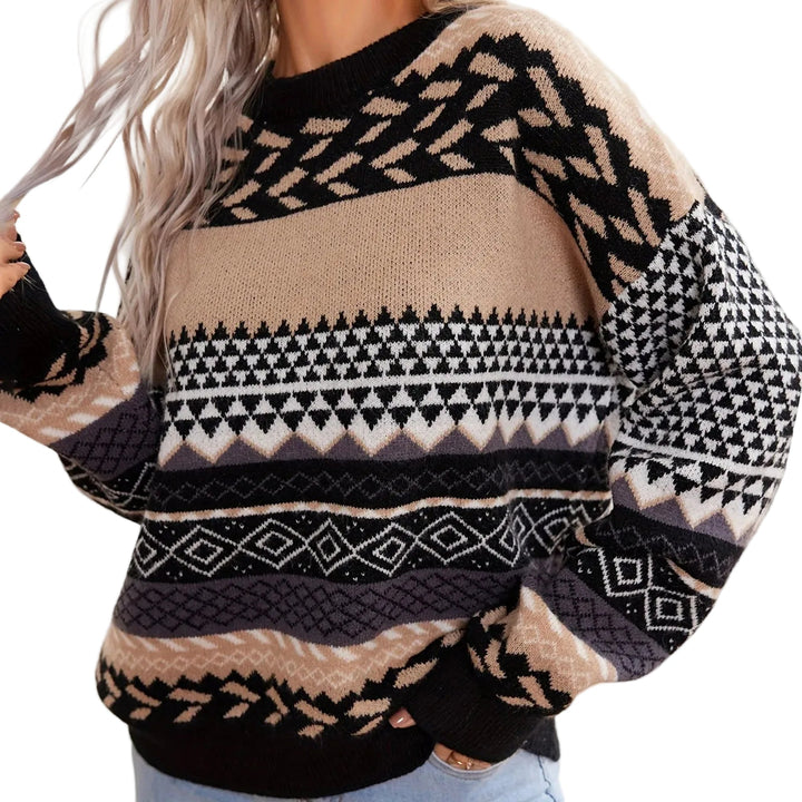 Kvinnors retro pullover med elegant kontrastdesign. Långärmad, bekväm tröja för höst & vinter.