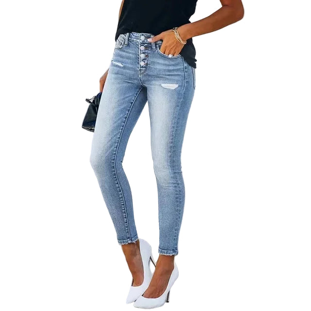 Kvinnors rippade jeans med smal passform i blå denim