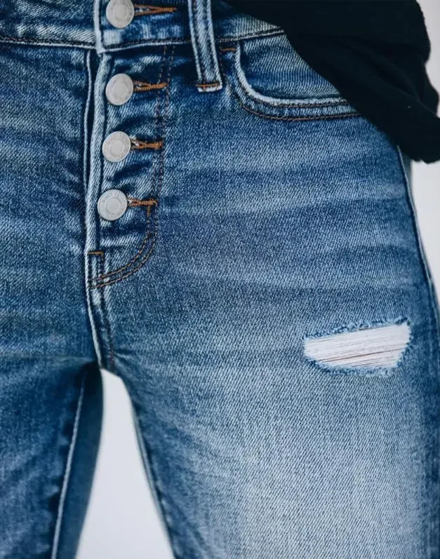 Kvinnors jeans i smal passform med trendiga slitningar, blå denim