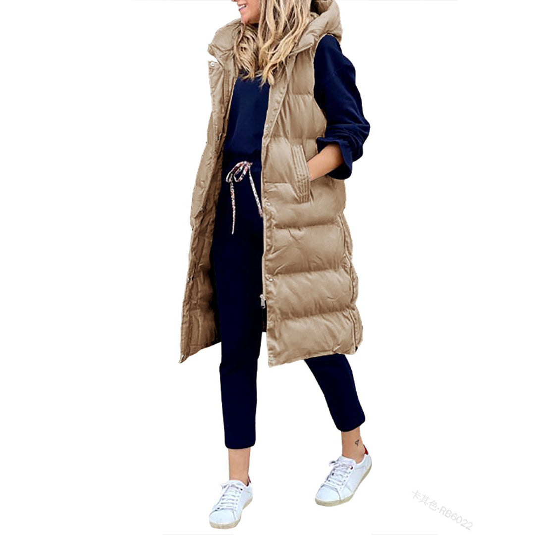 Kvinnors ärmlös vinterjacka med huva, elegant och varm för kalla dagar.