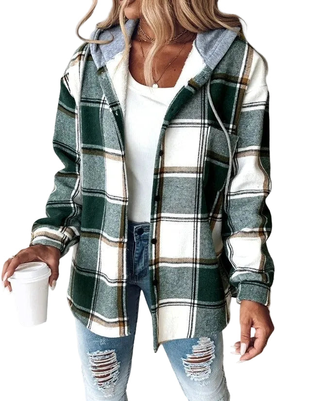 Kvinnors rutiga huvjacka i bekväm casualstil. Perfekt ytterplagg för vår och höst.
