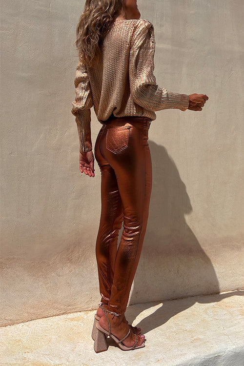 Trendiga leggings i metalliskt tyg för kvinnor, skinny passform.