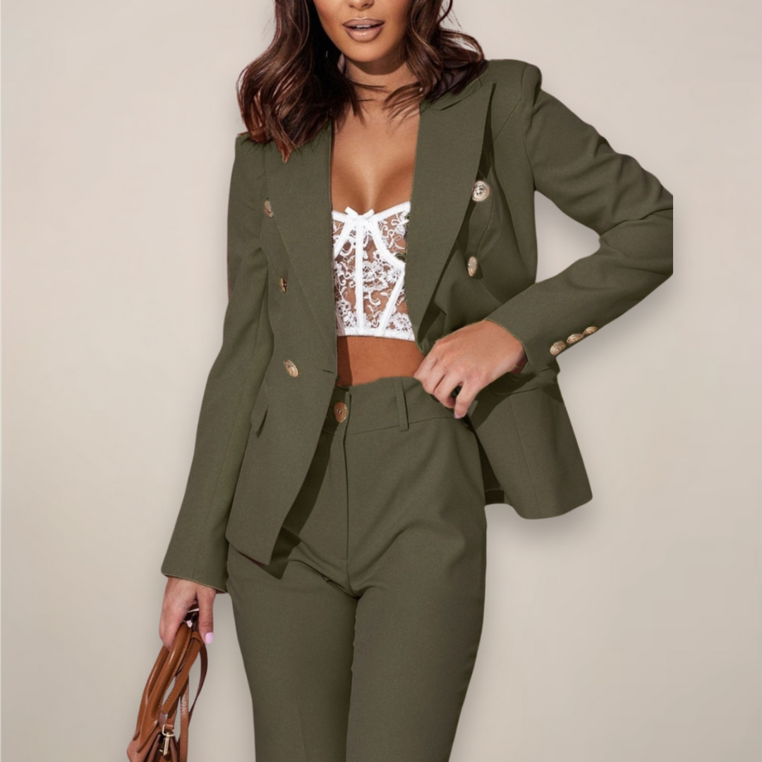 Kvinnors eleganta kostymset i business casual stil, mångsidigt för både möten och stilfullt vardagsbruk.