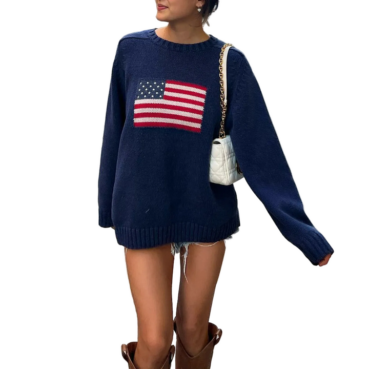 Kvinnors stickad tröja med amerikansk flagga, flaggmönster. Idealisk sommar- eller casual tröja för damer.