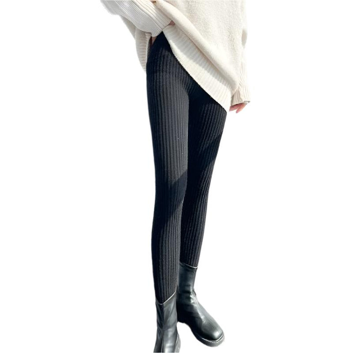 Kvinnors stickade ribbade leggings med hög midja, perfekt för bekvämt höst- och vintermode.