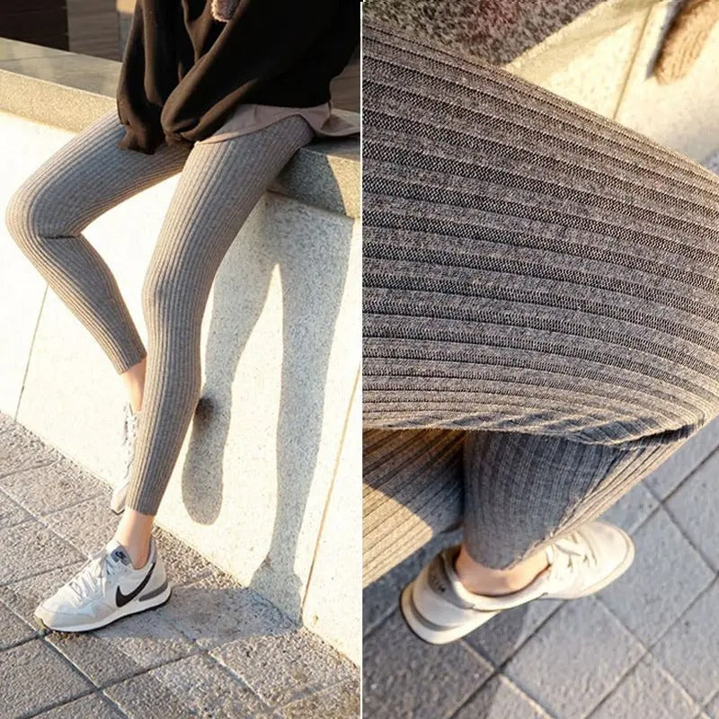 Eleganta stickade ribbade kvinnors leggings med hög midja, varma och bekväma underdelar för vintern.