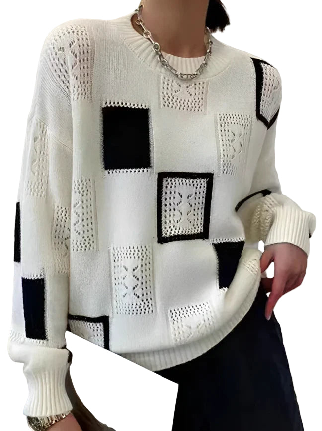 Kvinnors stickade tröja i retro patchwork-stil. Rund hals, bekväm höst- & vintermode för vardagslook.