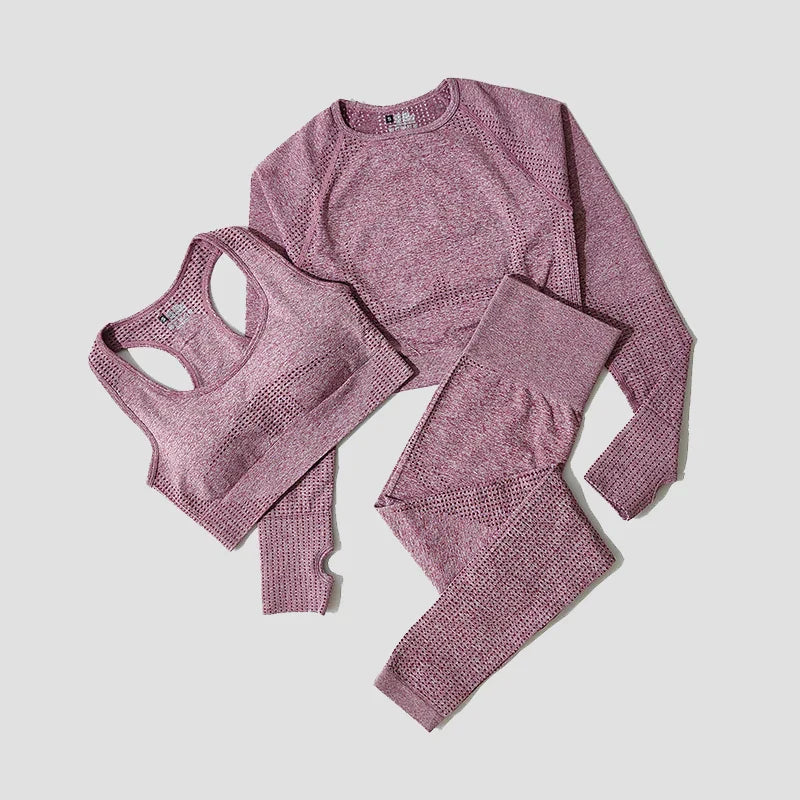 Bekvämt sömlöst träningsset för kvinnor. Fuktavledande leggings med hög midja & matchande topp.